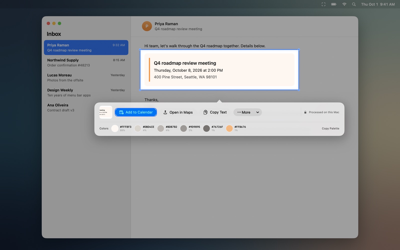 An event in an email selected with Lasso, with an action bar offering Add to Calendar, Copy Text and Open in Maps